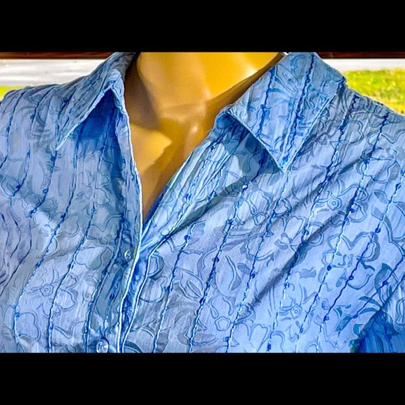 ⭐️HP⭐️JM COLLECTION▪️Sequin Embroidered Cotton Blend Floral Button Down Boho Top - Picture 3 of 6